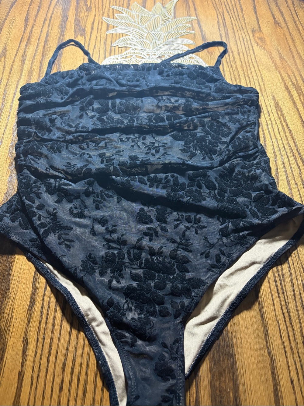 SHEIN curve Bodysuit mesh with felt floral pattern cowl neck spaghetti straps